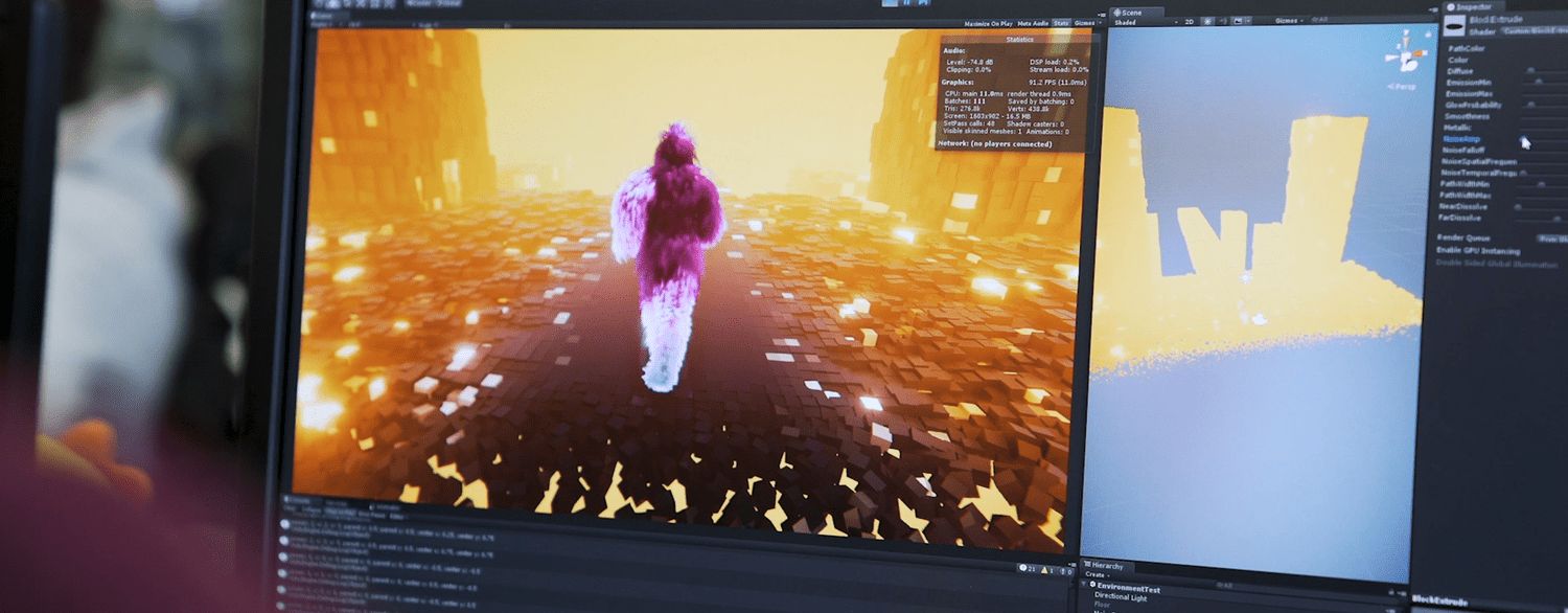 A development view of Game of Go showing a purple avatar running through the virtual course.