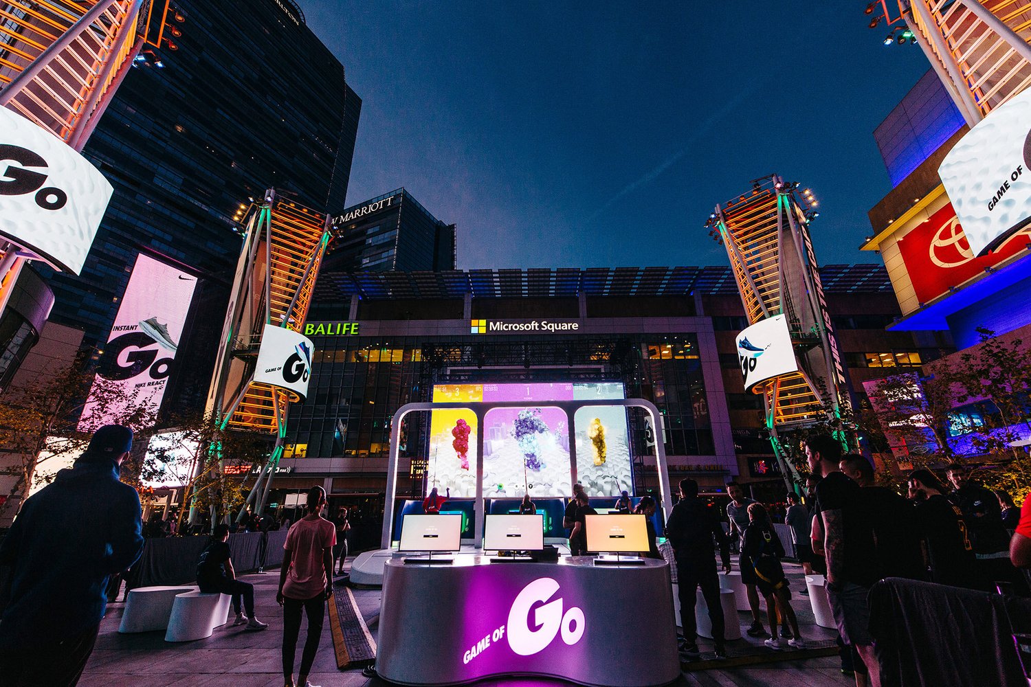 Nike Game of Go at Microsoft Square in Los Angeles, with the installation, large game screens and spectators.